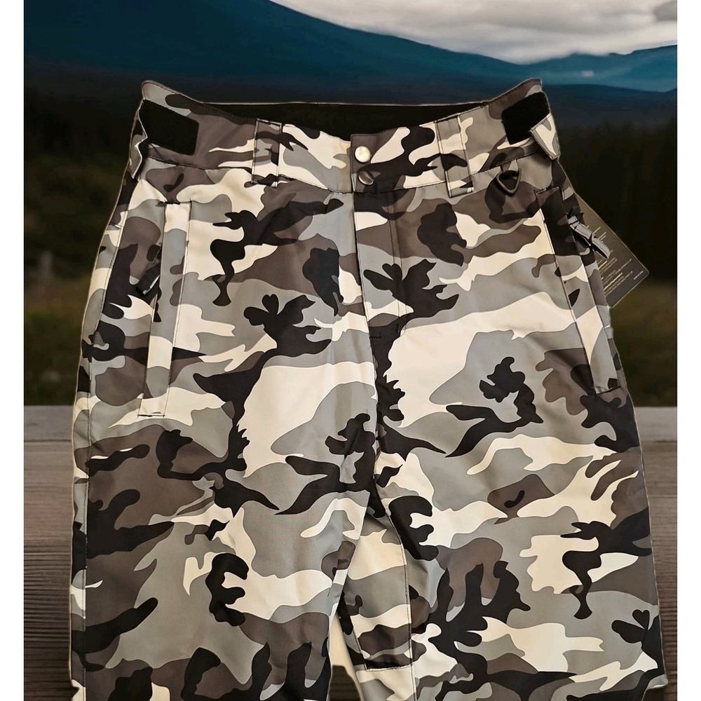 Sportneer Kids Insulated Snow Pants Large Grey Black Camo Ski Snowboard NEW